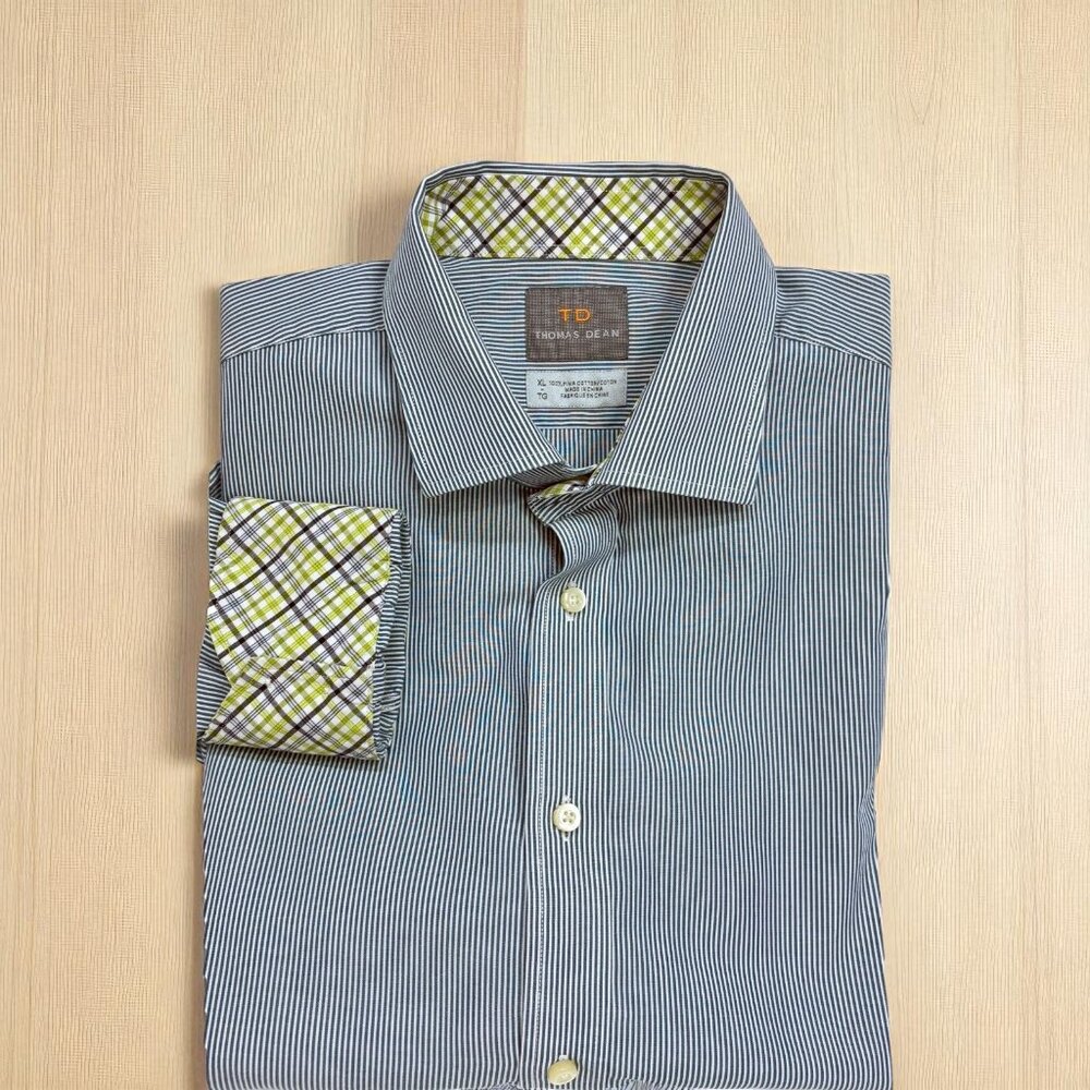 Thomas Dean Blue White Thin Stripe Pima Cotton Flip‎ Cuff LS Shirt